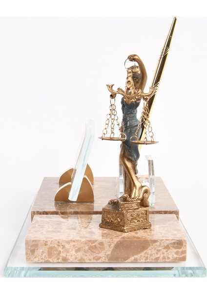 İsme Özel Avukatlar Için Themis Adalet Biblo Mermer Altın Set Masaüstü İsimlik Krem