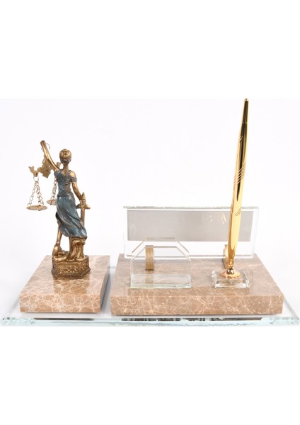 İsme Özel Avukatlar Için Themis Adalet Biblo Mermer Altın Set Masaüstü İsimlik Krem