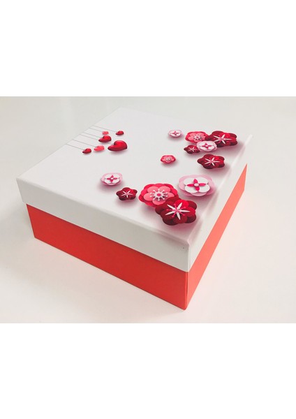 Kutu Kalp Çiçek Kırmızı Beyaz 19CM x 19CM x 8cm