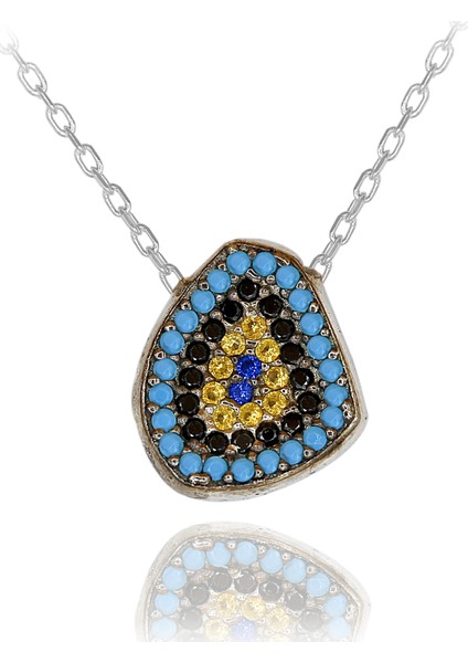 Renkli Taşlı Nazar Boncuklu Küçük Asimetrik Gümüş Kolye