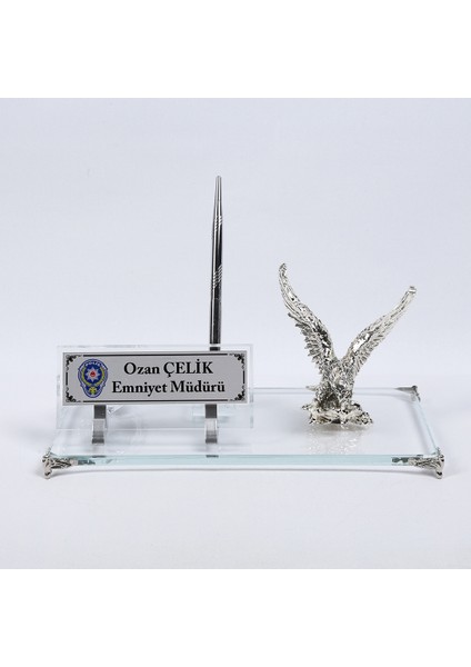 İsme Özel Gümüş Kartal Figürlü Kristal Masaüstü İsimlik