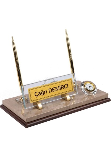 Sk 550 İsme Özel Ahşap Tabanlı Mermer Set Doğal Dekoratif Mermer Masaüstü İsimlik