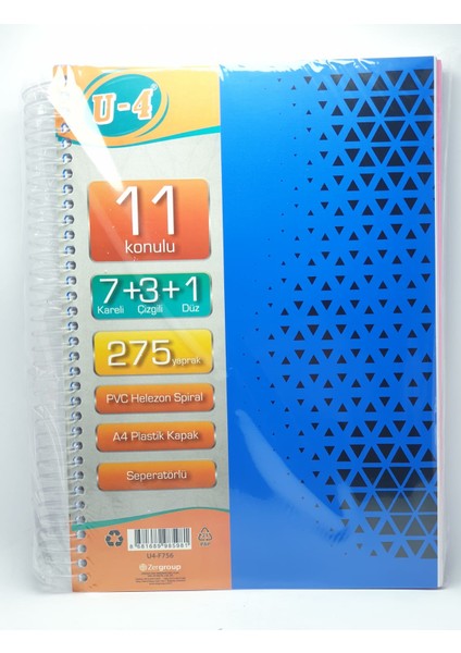 7+3+1 Bölümlü 275 Yaprak A4 Sipralli Ayraçlı Defter 7 Kareli 3 Çizgili 1 Çizgisiz Çoklu Defter