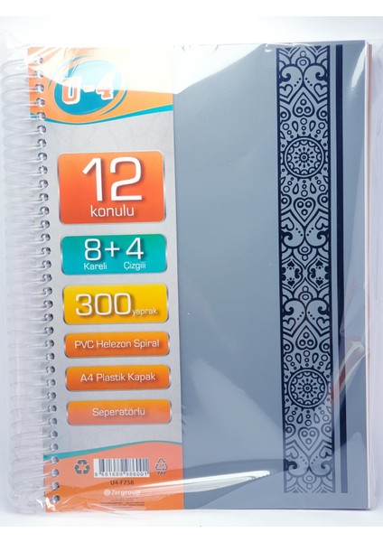 8+4 Bölümlü 300 Yaprak A4 Sipralli Ayraçlı Defter 8 Kareli 4 Çizgili Çoklu Defter