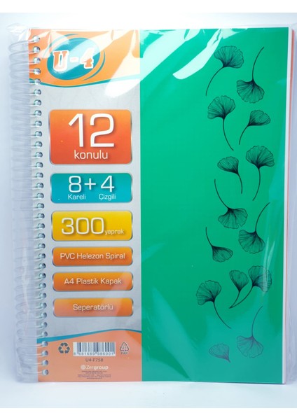 8+4 Bölümlü 300 Yaprak A4 Sipralli Ayraçlı Defter 8 Kareli 4 Çizgili Çoklu Defter