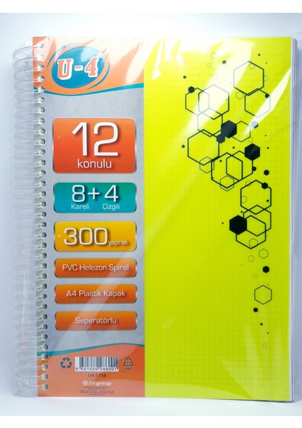 8+4 Bölümlü 300 Yaprak A4 Sipralli Ayraçlı Defter 8 Kareli 4 Çizgili Çoklu Defter