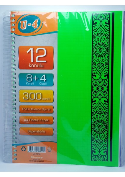 8+4 Bölümlü 300 Yaprak A4 Sipralli Ayraçlı Defter 8 Kareli 4 Çizgili Çoklu Defter