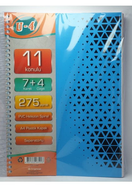 7+4 Bölümlü 275 Yaprak A4 Sipralli Ayraçlı Defter 7 Kareli 4 Çizgili Çoklu Defter