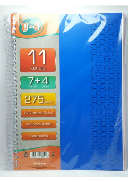 7+4bölümlü 275 Yaprak A4 Sipralli Ayraçlı Defter 7 Kareli 4 Çizgili Çoklu Defter