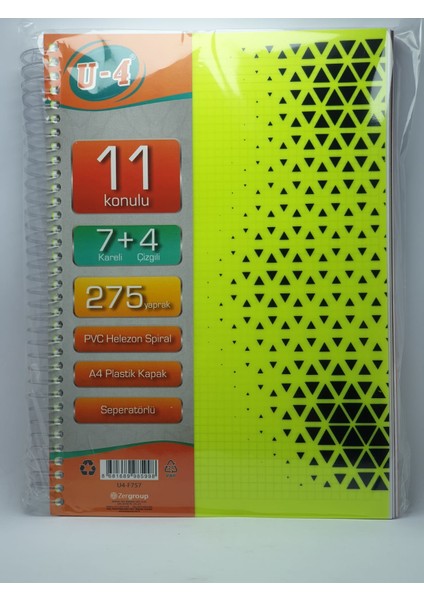 7+4 Bölümlü 275 Yaprak A4 Sipralli Ayraçlı Defter 7 Kareli 4 Çizgili Çoklu Defter