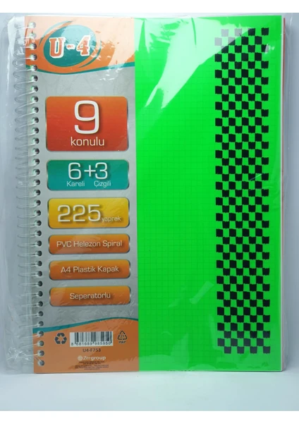 6+3 Bölümlü 225 Yaprak A4 Sipralli Ayraçlı Defter 6 Kareli 3 Çizgili Çoklu Defter