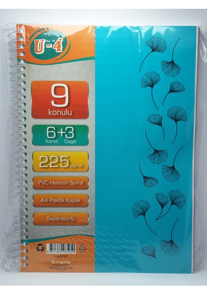 6+3 Bölümlü 225 Yaprak A4 Sipralli Ayraçlı Defter 6 Kareli 3 Çizgili Çoklu Defter