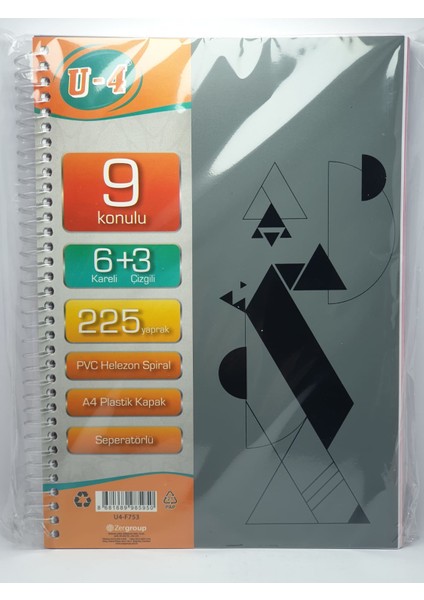 6+3 Bölümlü 225 Yaprak A4 Sipralli Ayraçlı Defter 6 Kareli 3 Çizgili Çoklu Defter