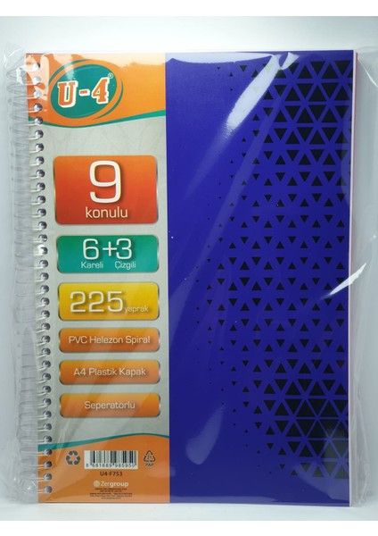 6+3 Bölümlü 225 Yaprak A4 Sipralli Ayraçlı Defter 6 Kareli 3 Çizgili Çoklu Defter