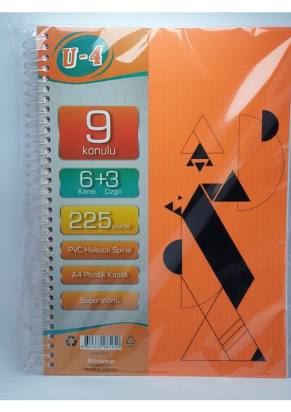 6+3 Bölümlü 225 Yaprak A4 Sipralli Ayraçlı Defter 6 Kareli 3 Çizgili Çoklu Defter