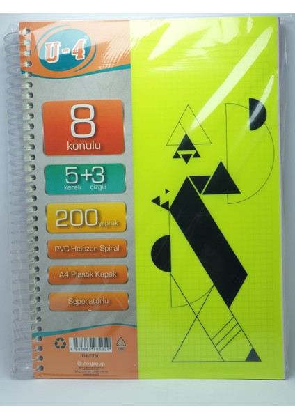 5+3 Bölümlü 200 Yaprak A4 Sipralli Ayraçlı Defter 5 Kareli 3 Çizgili Çoklu Defter