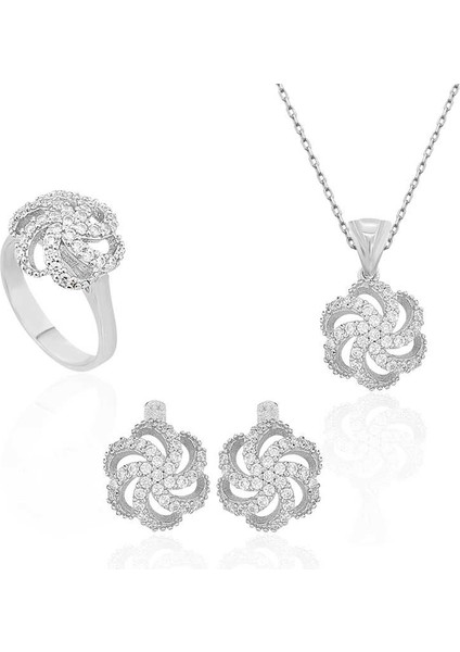 Gümüş Çiçek Desenli Bayan Set