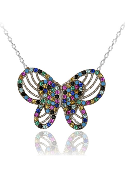 Renkli Taşlı Kelebek Gümüş Kolye