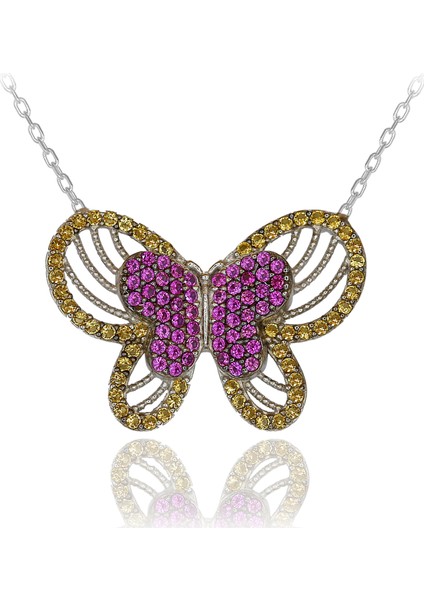 Sarı Kırmızı Taşlı Kelebek Gümüş Kolye