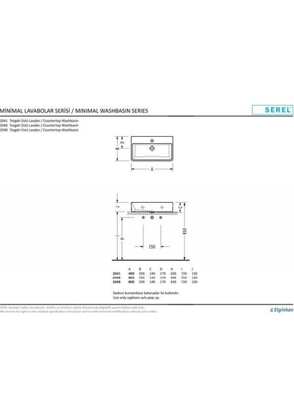 E.C.A Serel Tezgah Üstü Dikdörtgen Lavabo 35X60 cm 2046TXS110H