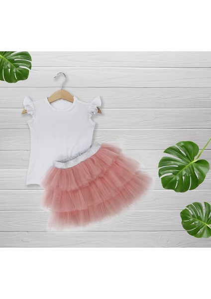 Kız Çocuk Pembe Lastikli Etek Fırfırlı Body Takım - 579
