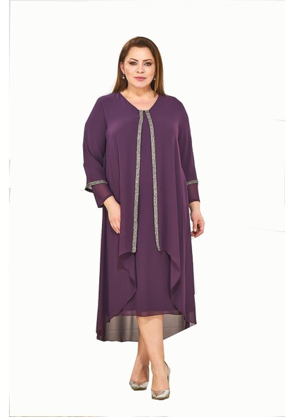 Büyük Beden Mürdüm Renkli Taş Baskılı Kısa Abiye Elbise fiyatları