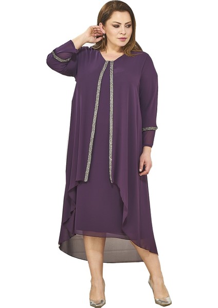 Büyük Beden Mürdüm Renkli Taş Baskılı Kısa Abiye Elbise modelleri