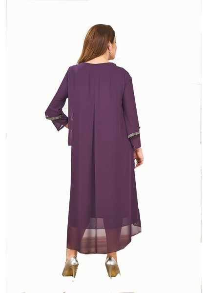 Büyük Beden Mürdüm Renkli Taş Baskılı Kısa Abiye Elbise fırsatları