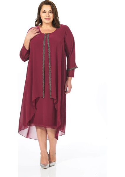 Büyük Beden Bordo Renkli Taş Baskılı Kısa Abiye Elbise