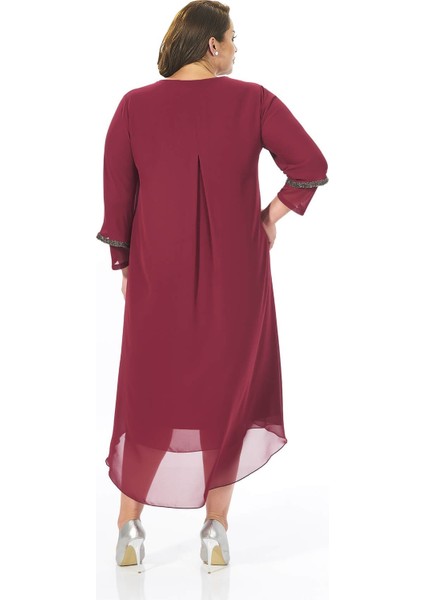 Büyük Beden Bordo Renkli Taş Baskılı Kısa Abiye Elbise fiyatları