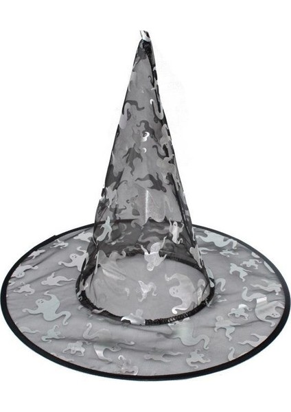 Hayalet Desenli Ince Tül Cadı Şapkası Siyah Renk