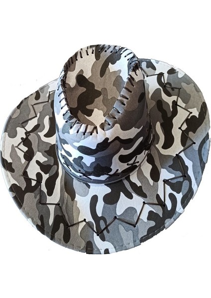 Askeri Kamuflaj Desenli Bağcıklı Kovboy Şapkası Yetişkin Nubuk