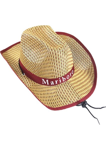 Bağcıklı Yetişkin Hasır Kovboy Şapkası Kırmızı Şeritli
