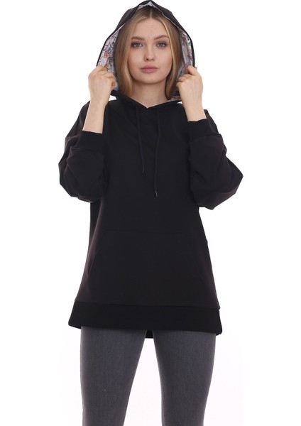 Kapüşonu Çiçek Desenli Uzun Kollu Kanguru Cepli Oversize Sweatshirt