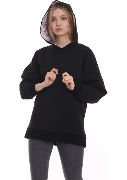 Kapüşonu Çiçek Desenli Uzun Kollu Kanguru Cepli Oversize Sweatshirt