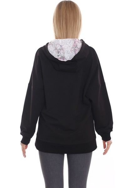 Kapüşonu Çiçek Desenli Uzun Kollu Kanguru Cepli Oversize Sweatshirt