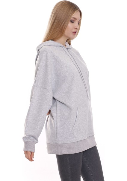Kapüşonu Çiçek Desenli Uzun Kollu Kanguru Cepli Oversize Sweatshirt