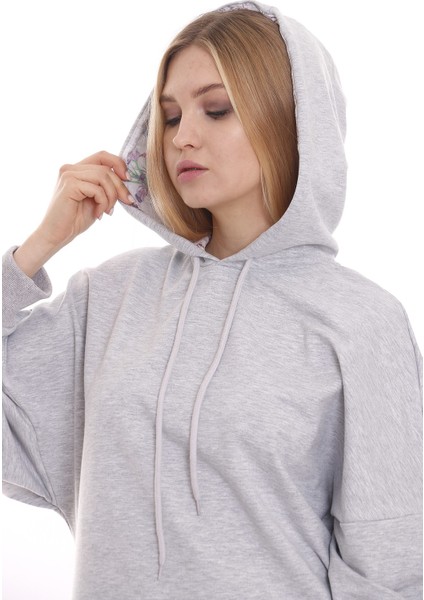 Kapüşonu Çiçek Desenli Uzun Kollu Kanguru Cepli Oversize Sweatshirt