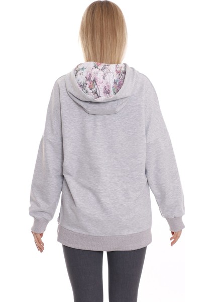 Kapüşonu Çiçek Desenli Uzun Kollu Kanguru Cepli Oversize Sweatshirt