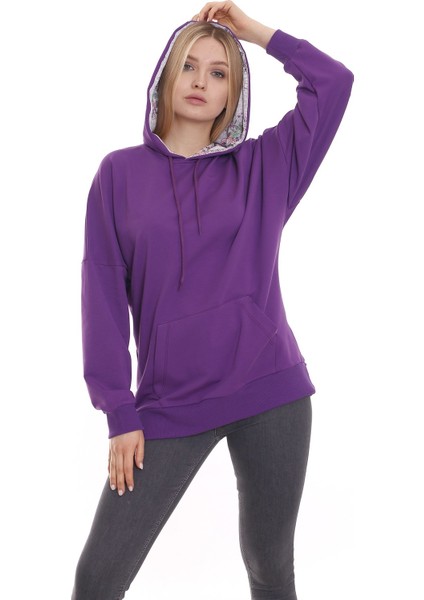 Kapüşonu Çiçek Desenli Uzun Kollu Kanguru Cepli Oversize Sweatshirt