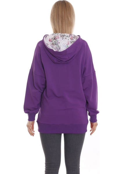 Kapüşonu Çiçek Desenli Uzun Kollu Kanguru Cepli Oversize Sweatshirt
