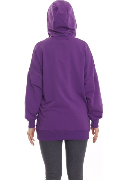 Kapüşonu Çiçek Desenli Uzun Kollu Kanguru Cepli Oversize Sweatshirt