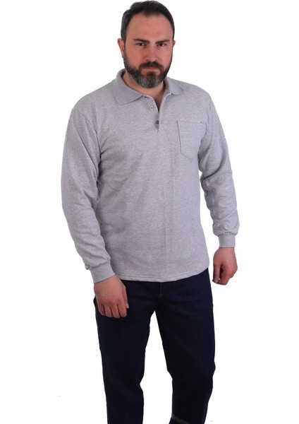 Eser - Polo Yaka Sweatshirt - Cepli - Gri Açık