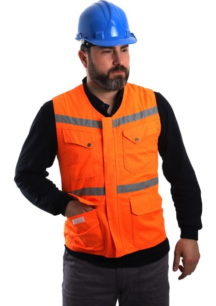 Eser - V Yaka Fosforlu Harman Kumaş Yelek - Turuncu