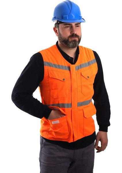 Eser - V Yaka Fosforlu Harman Kumaş Yelek - Turuncu