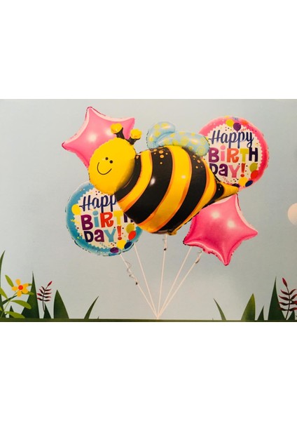Folyo Balon Buket Seti Happy Birthday Arı Modeli 5'Li D.Ü 30tl