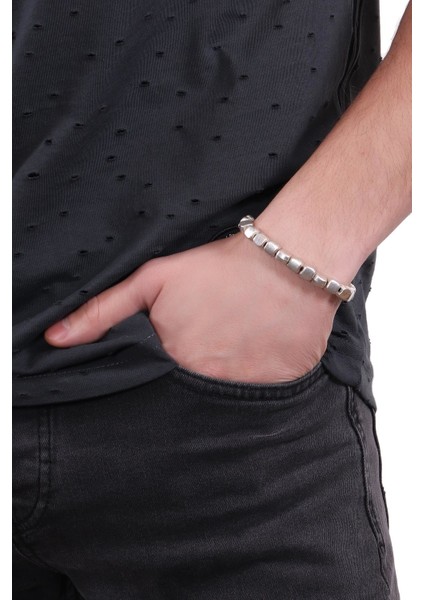 Erkek Antik Gümüş Kaplama Lastikli Geometrik Parçacıklı Bileklik fiyatları