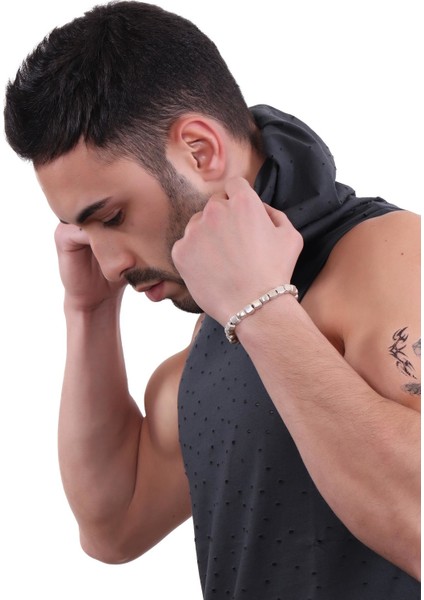 Erkek Antik Gümüş Kaplama Lastikli Geometrik Parçacıklı Bileklik modelleri