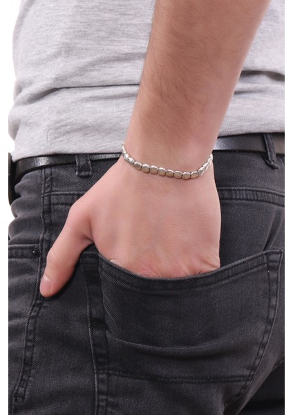 Erkek Antik Gümüş Kaplama Lastikli Yassı Geometrik Parçacıklı Bileklik fiyatları