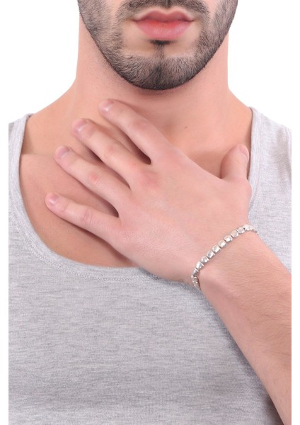 Erkek Antik Gümüş Kaplama Lastikli Yassı Geometrik Parçacıklı Bileklik modelleri